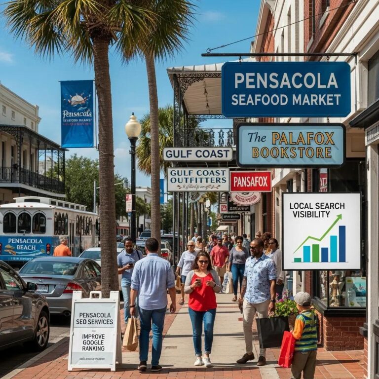 Vibrant Pensacola street showcasing local businesses Ranking on Google in Pensacola and neighborhood activity